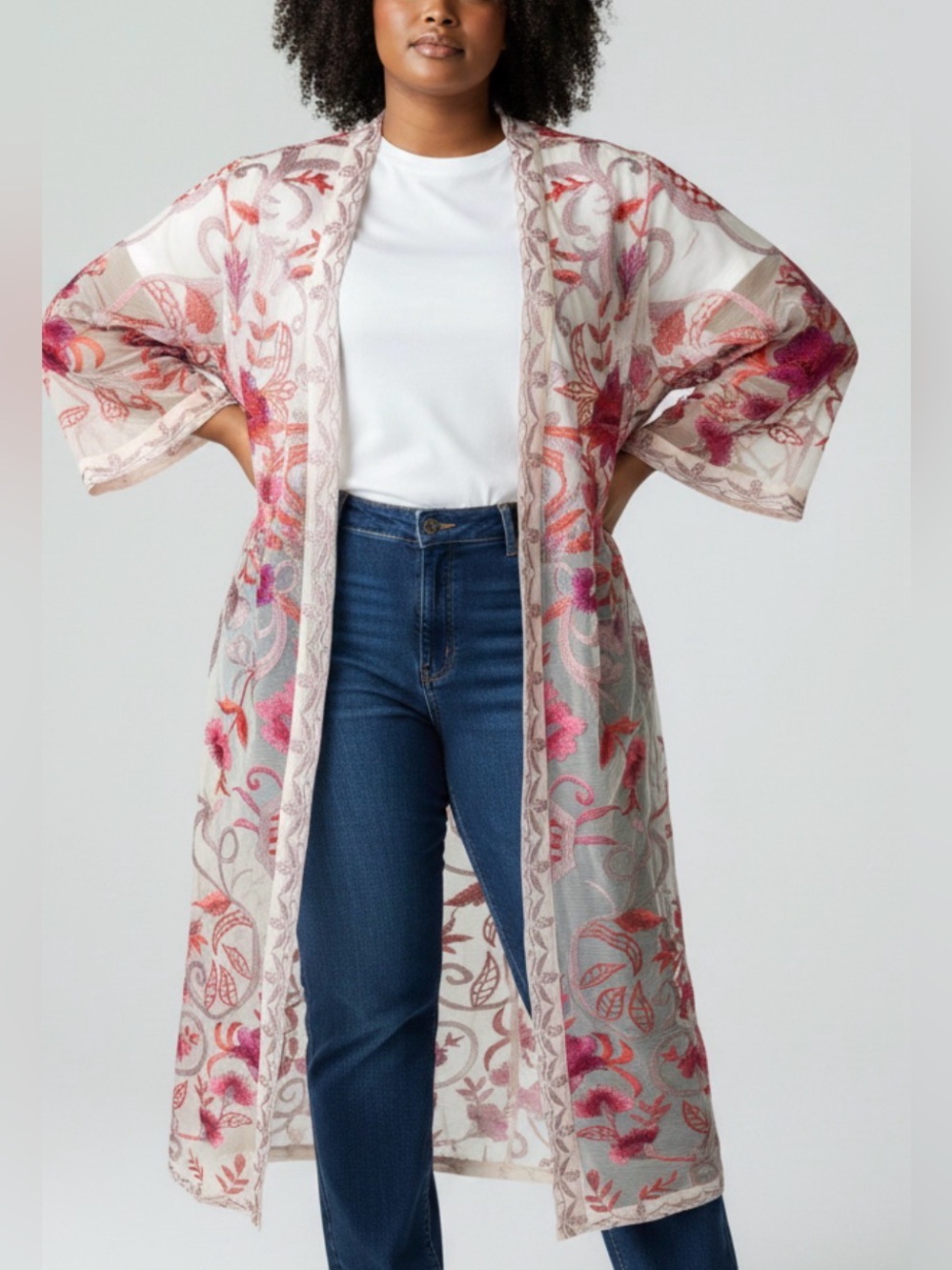Soft Surroundings Palisade Topper Mesh Pink Floral Embroidered Duster Kimono XL